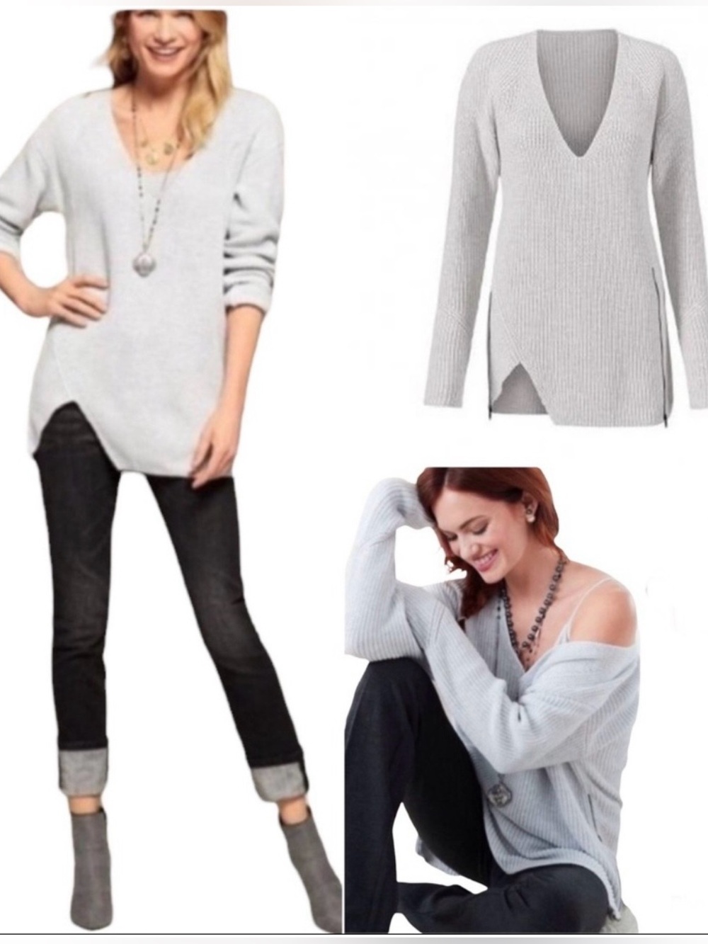 Cabi Deep V-Neck Light Gray Ribbed Knit Women’s Sweater